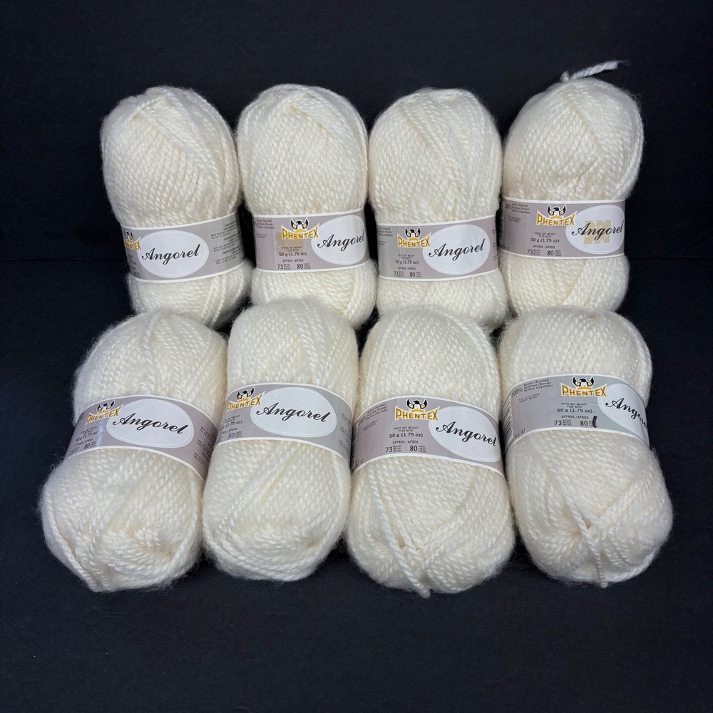 Phentex Angorel Yarn Acrylic Lot 8 Skeins Aran White #03 640yd